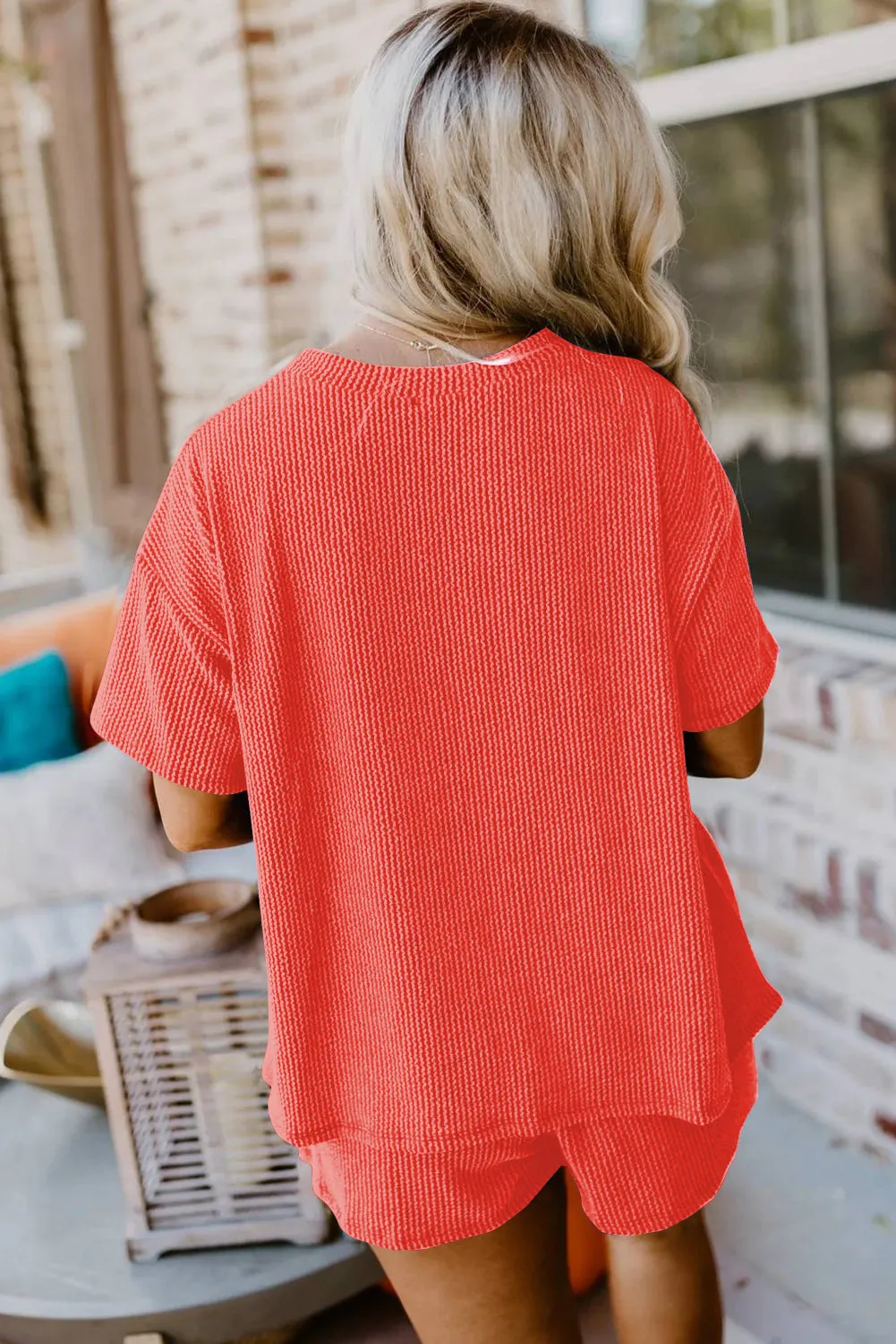 2 Piece Ribbed Textured Knit Loose Fit Top and Short Set