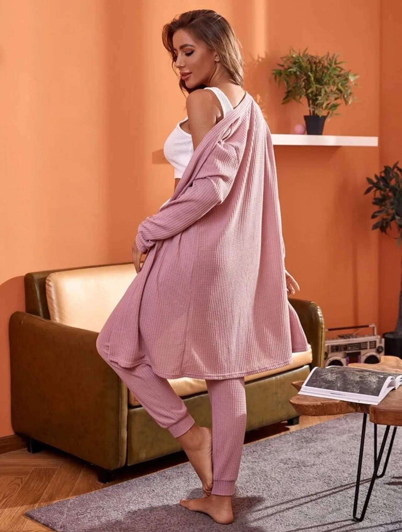 3 Piece Rib Knit Lounge Set with Tank Top, Long Sleeve Rob and Cuffed Pants