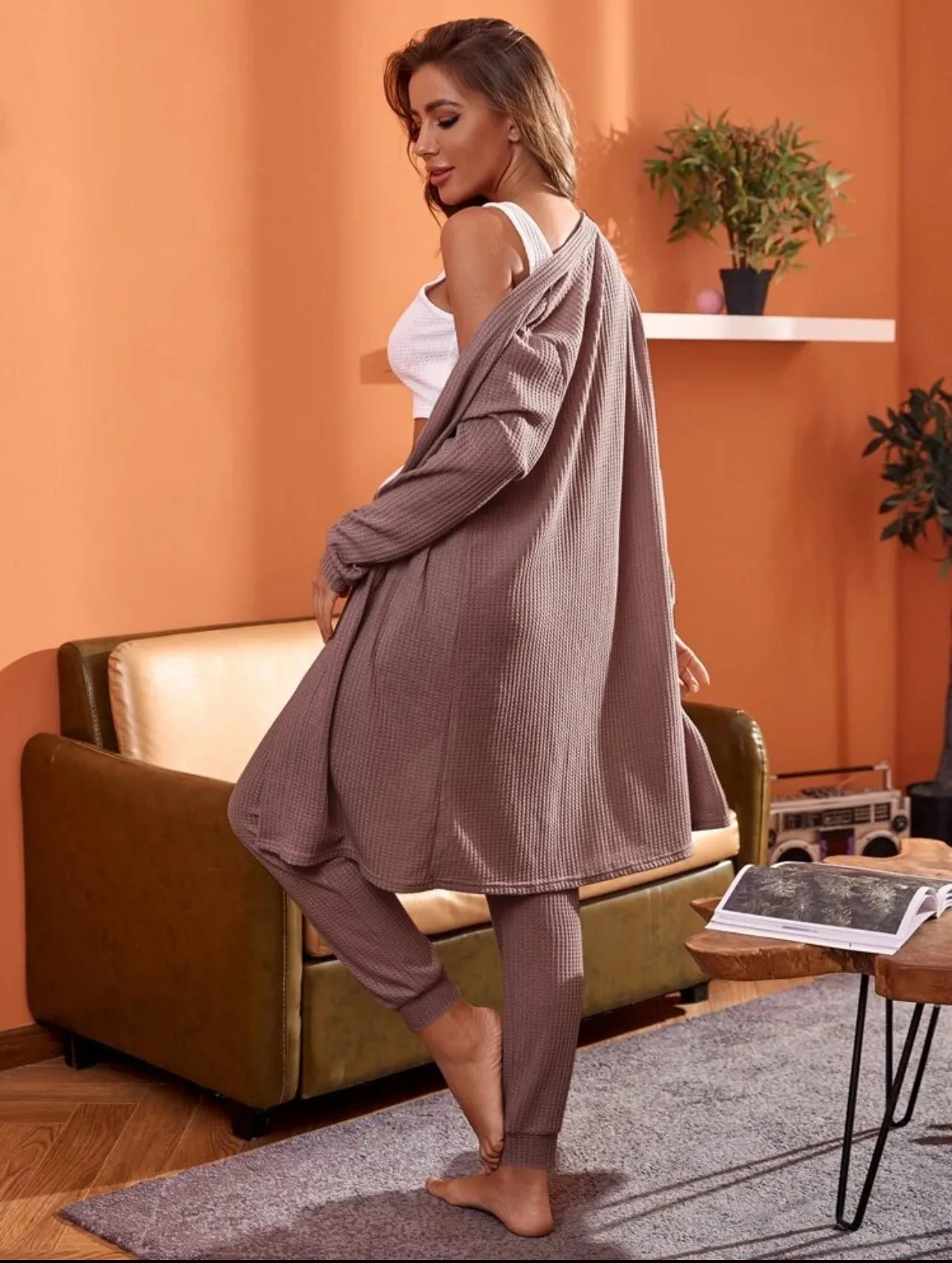 3 Piece Rib Knit Lounge Set with Tank Top, Long Sleeve Rob and Cuffed Pants