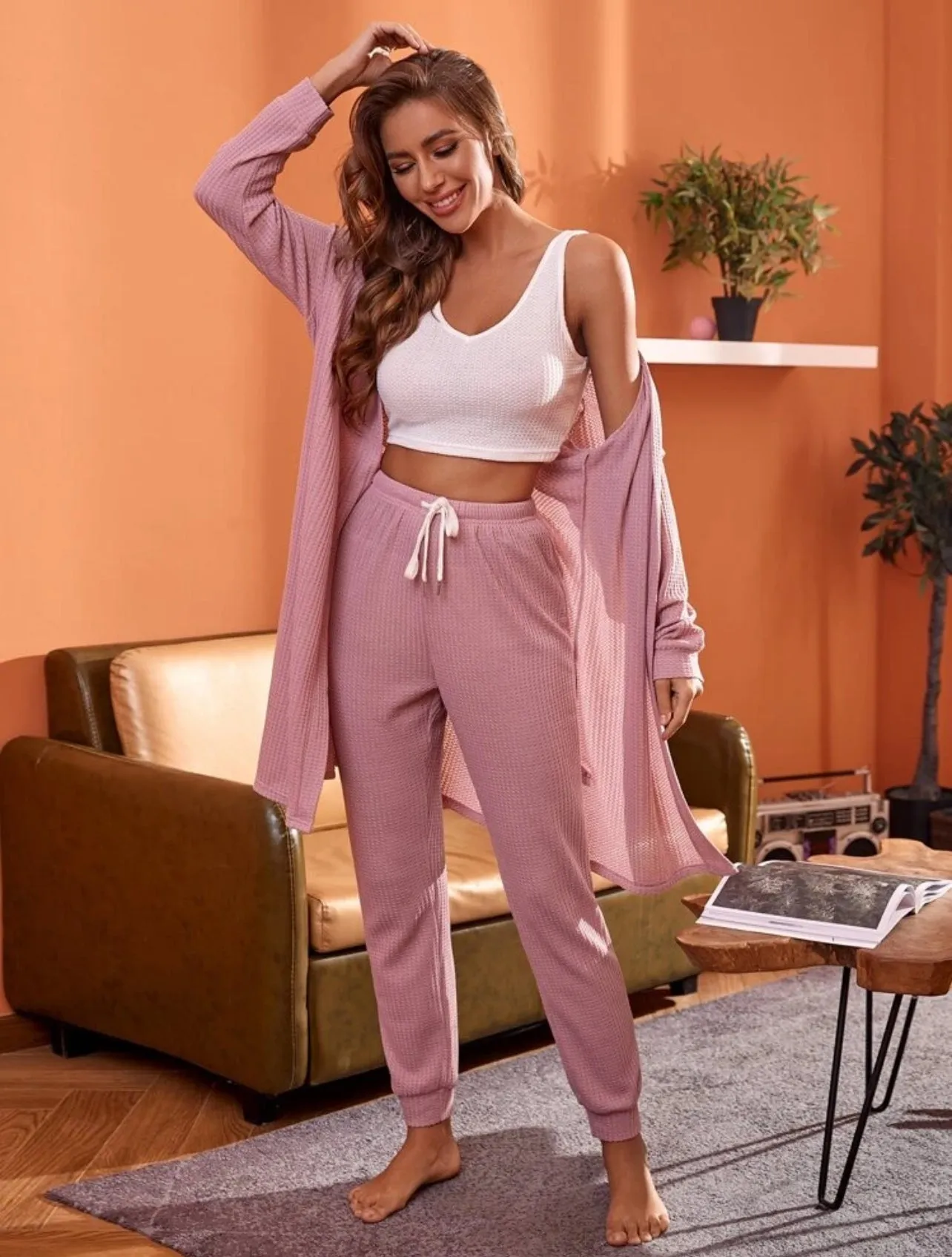 3 Piece Rib Knit Lounge Set with Tank Top, Long Sleeve Rob and Cuffed Pants