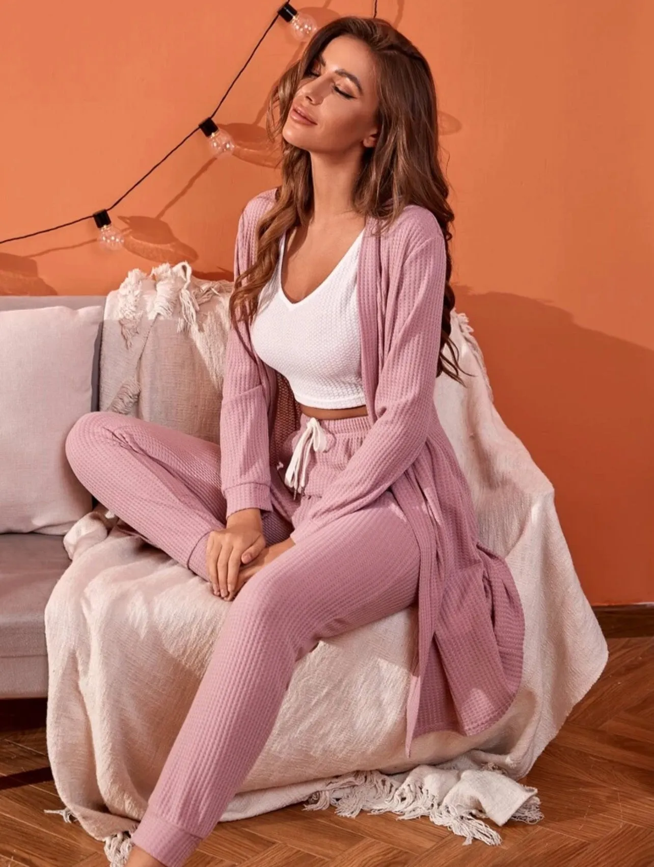 3 Piece Rib Knit Lounge Set with Tank Top, Long Sleeve Rob and Cuffed Pants