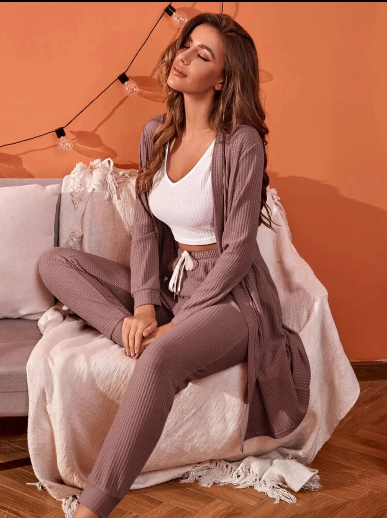 3 Piece Rib Knit Lounge Set with Tank Top, Long Sleeve Rob and Cuffed Pants