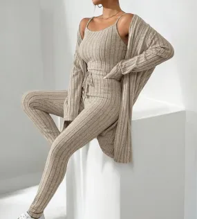 3 Piece Rib Knit Lounge Set with Tank Top, Long Sleeve Robe and Long Skinny Leg Pants
