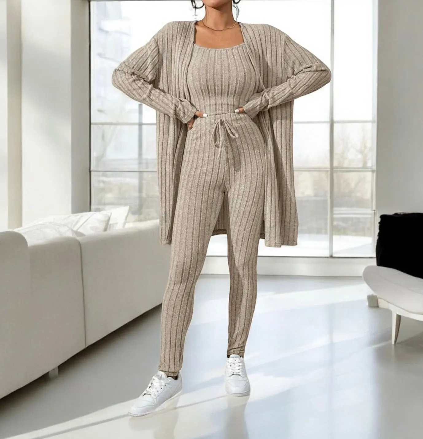 3 Piece Rib Knit Lounge Set with Tank Top, Long Sleeve Robe and Long Skinny Leg Pants