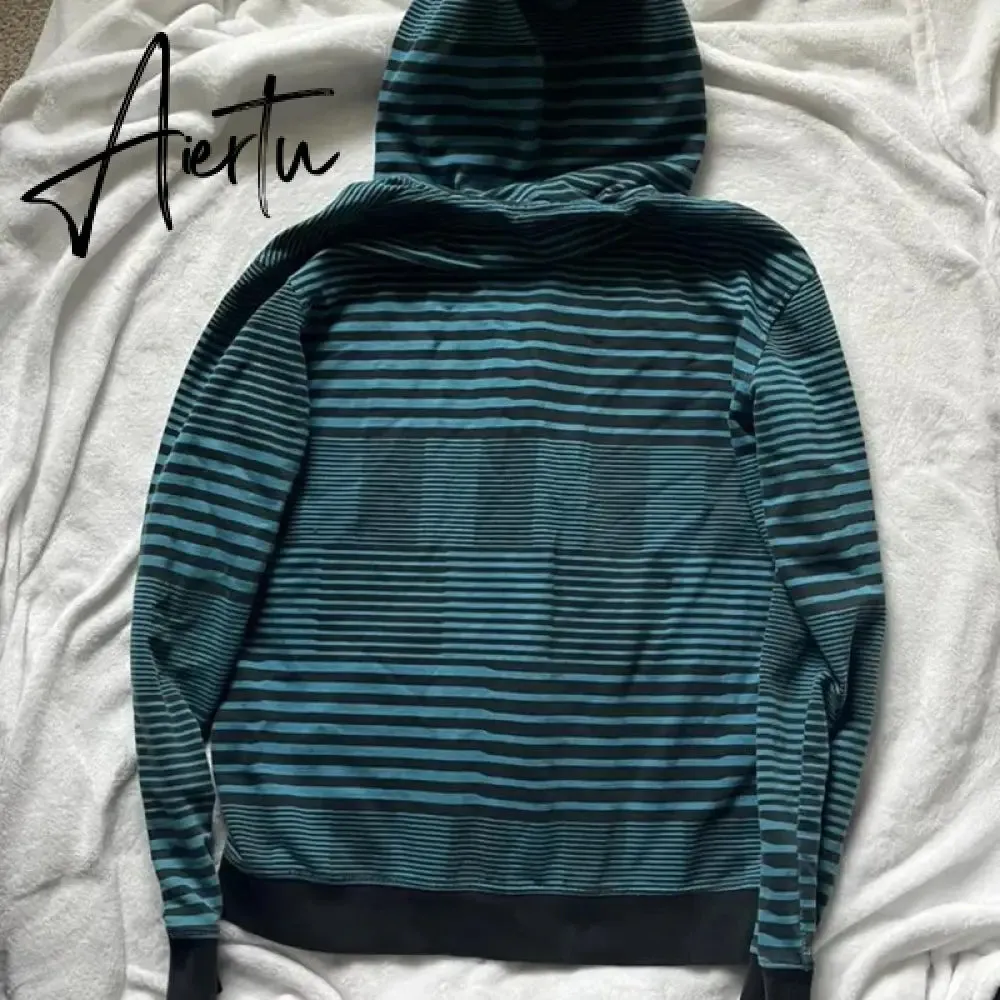 Autumn Spring Casual Full Sleeve Sweatshirts Harajuku Grunge Striped Print Zip Up Hoodies Korean Mall Goth Vintage Jackets Coat
