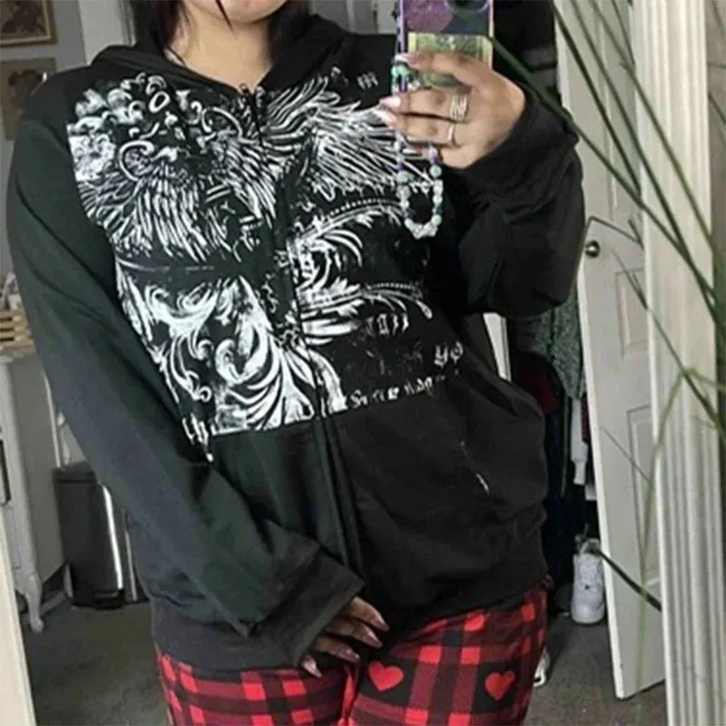 Back To School Joskaa Gothic Dark Academia Sweatshirts Grunge Punk Letter Wings Graphic Zip Up Hoodie Y2K Aesthetic Mall Goth Coat Harajuku