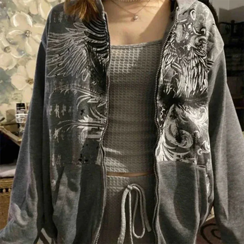 Back To School Joskaa Gothic Dark Academia Sweatshirts Grunge Punk Letter Wings Graphic Zip Up Hoodie Y2K Aesthetic Mall Goth Coat Harajuku