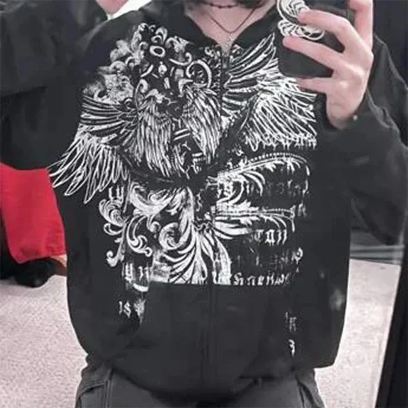 Back To School Joskaa Gothic Dark Academia Sweatshirts Grunge Punk Letter Wings Graphic Zip Up Hoodie Y2K Aesthetic Mall Goth Coat Harajuku
