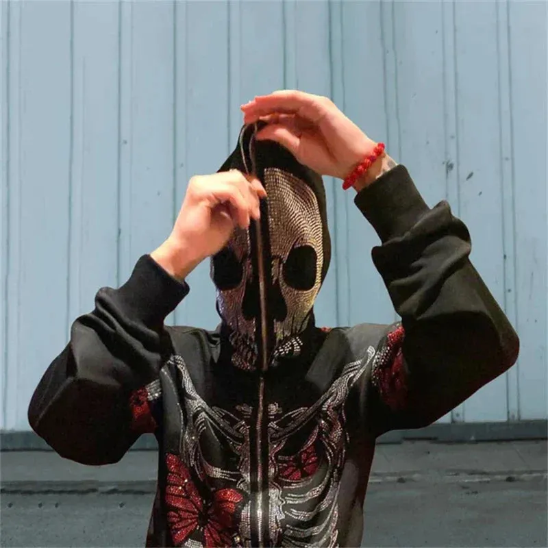 Back To School Joskaa Gothic Grunge Rhinestones Butterfly Skeleton Print Sweatshirt Punk Zip Up Hoodie Y2K Aesthetics Retro Oversized Coat Top