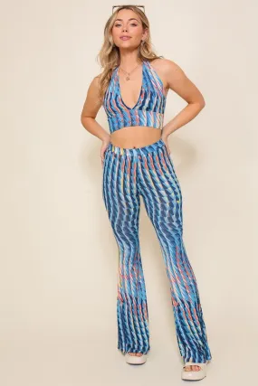 Blue Combo Set-Retro Print Halter Crop Top With Pants
