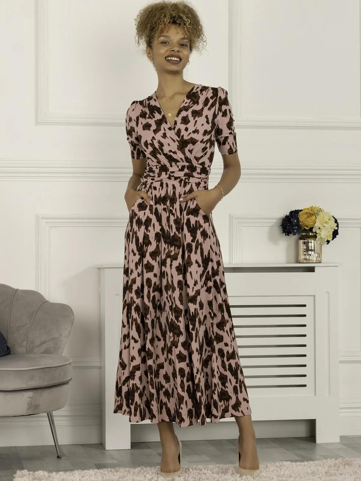 Daria Pleat Maxi Jersey Dress, Pink Abstract