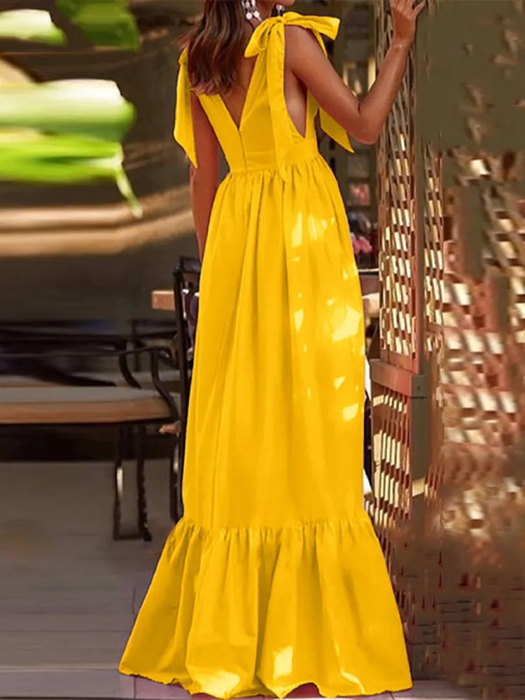 Deep V-Neck Bow Tie-Up Maxi Dress