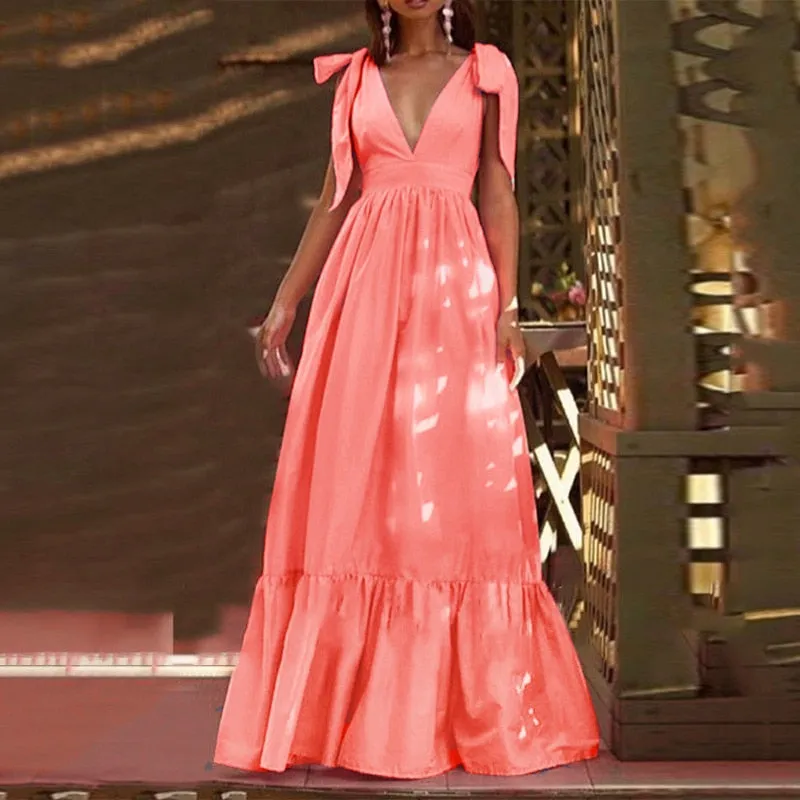 Deep V-Neck Bow Tie-Up Maxi Dress