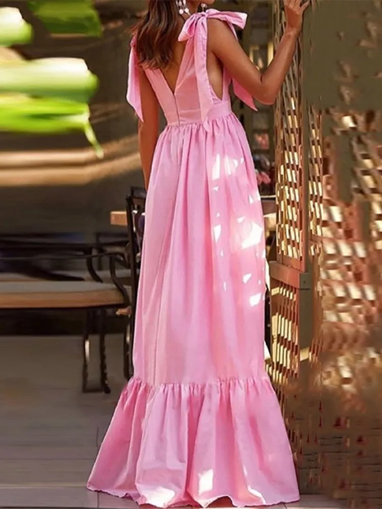 Deep V-Neck Bow Tie-Up Maxi Dress