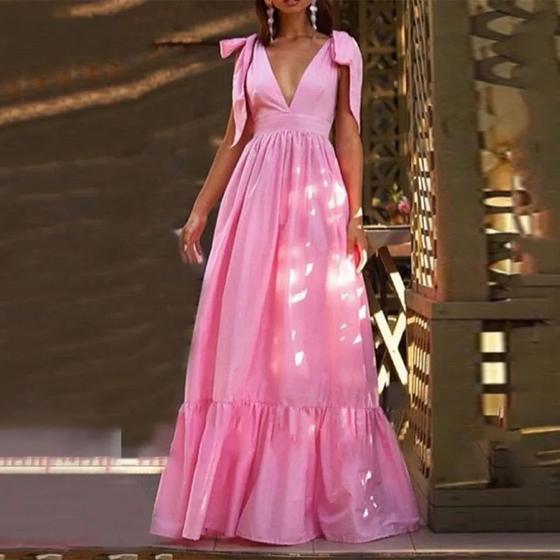 Deep V-Neck Bow Tie-Up Maxi Dress