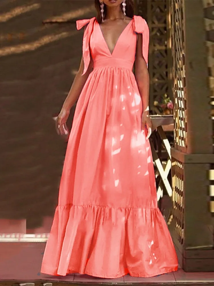 Deep V-Neck Bow Tie-Up Maxi Dress