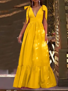Deep V-Neck Bow Tie-Up Maxi Dress