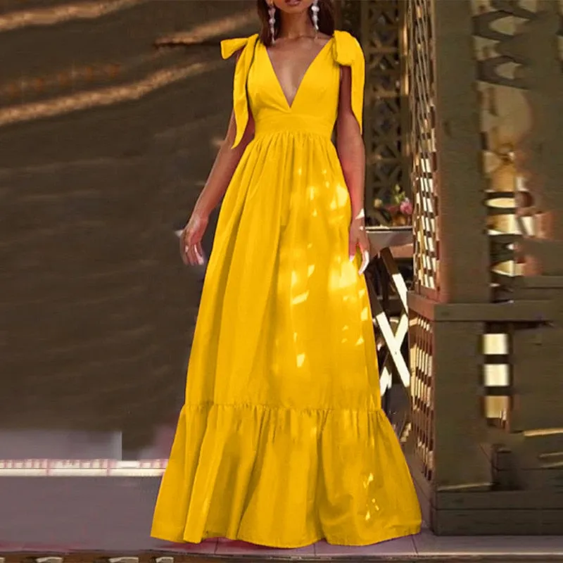 Deep V-Neck Bow Tie-Up Maxi Dress