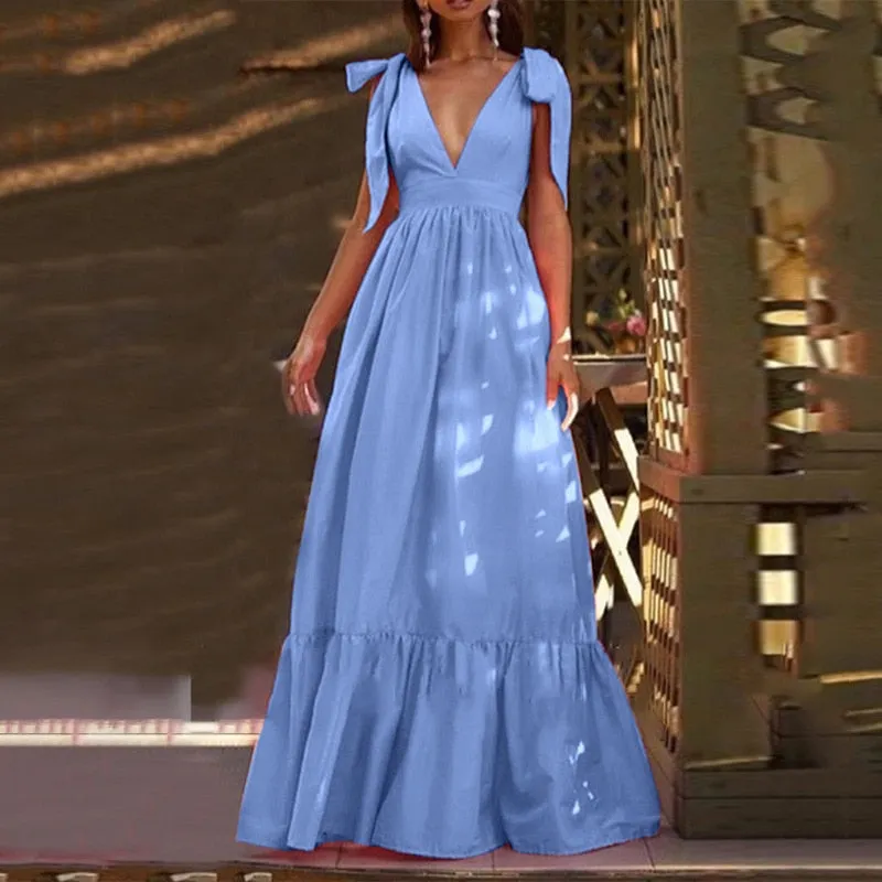 Deep V-Neck Bow Tie-Up Maxi Dress
