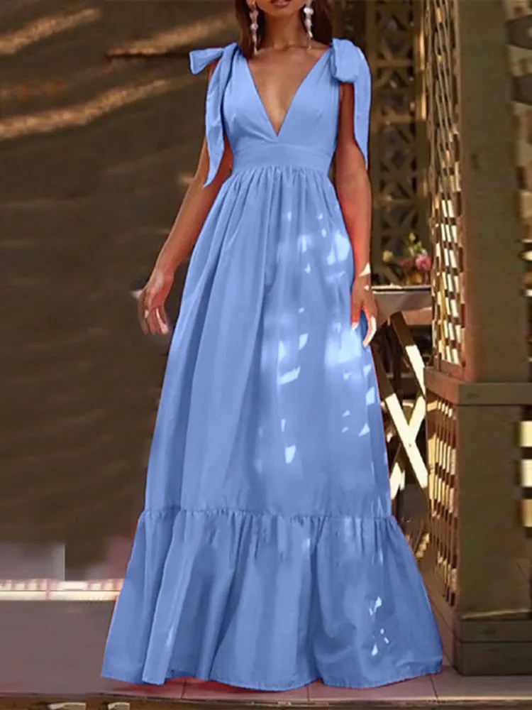 Deep V-Neck Bow Tie-Up Maxi Dress