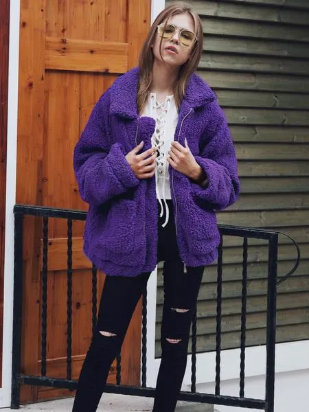 Faux Fur Big Pockets Zipper Women Teddy Coat