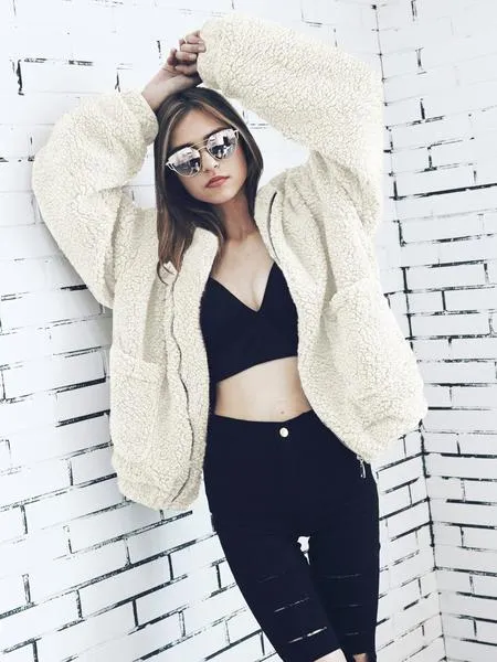 Faux Fur Big Pockets Zipper Women Teddy Coat
