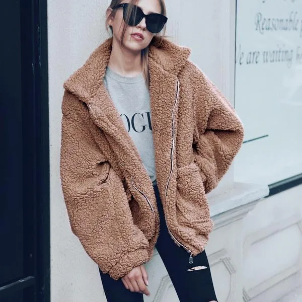 Faux Fur Big Pockets Zipper Women Teddy Coat