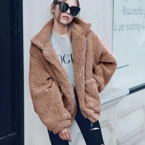 Faux Fur Big Pockets Zipper Women Teddy Coat