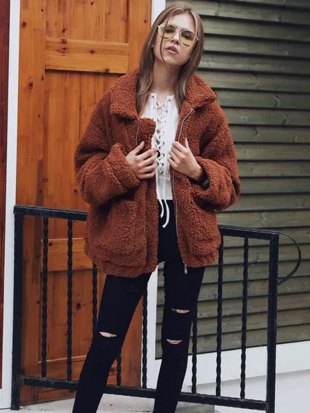 Faux Fur Big Pockets Zipper Women Teddy Coat