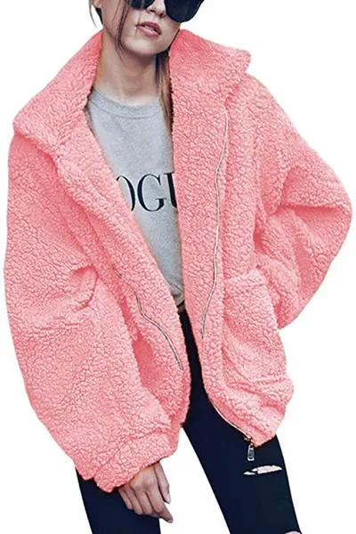 Faux Fur Big Pockets Zipper Women Teddy Coat