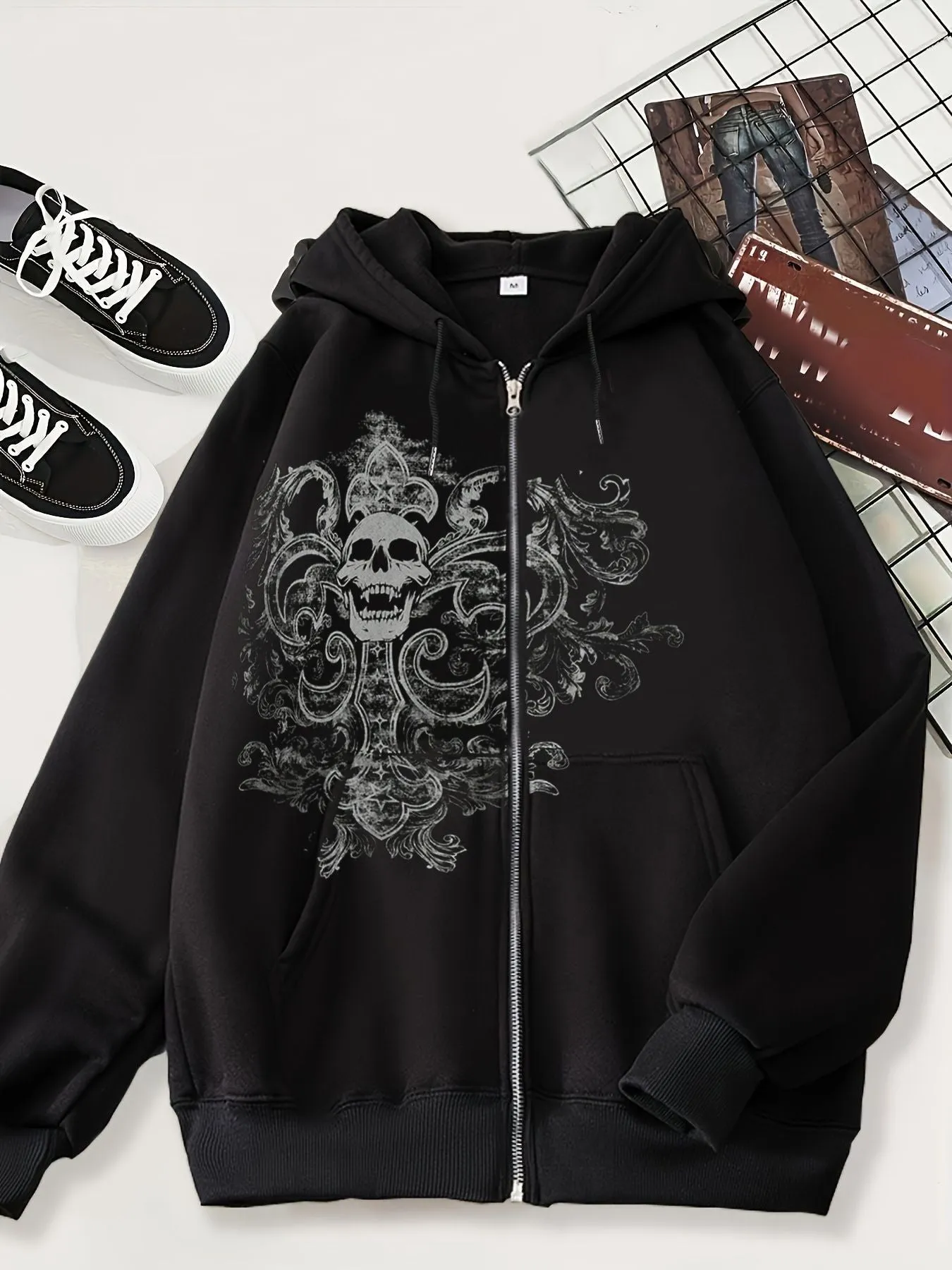 Jinquedai grunge dti 2024 New Cardigan Sweater Dark Skull Casual American Zipper Men's Style Hoodie Black Trendy Black Coat