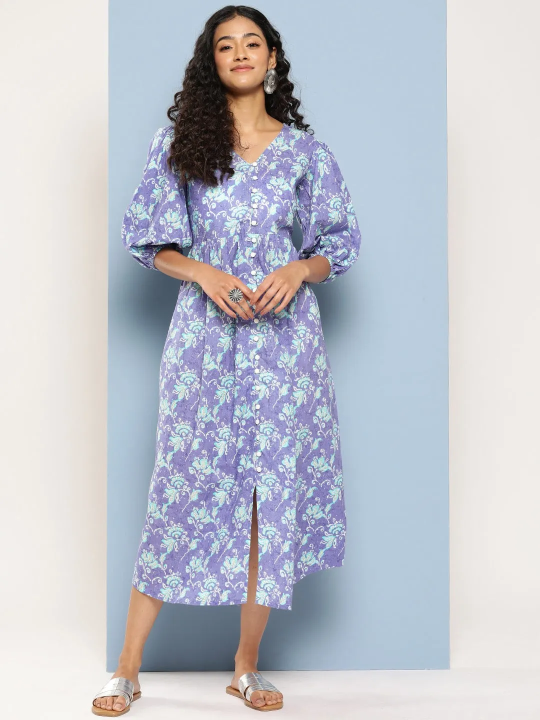 Lavender Floral Print Flared Sleeve Maxi Dress