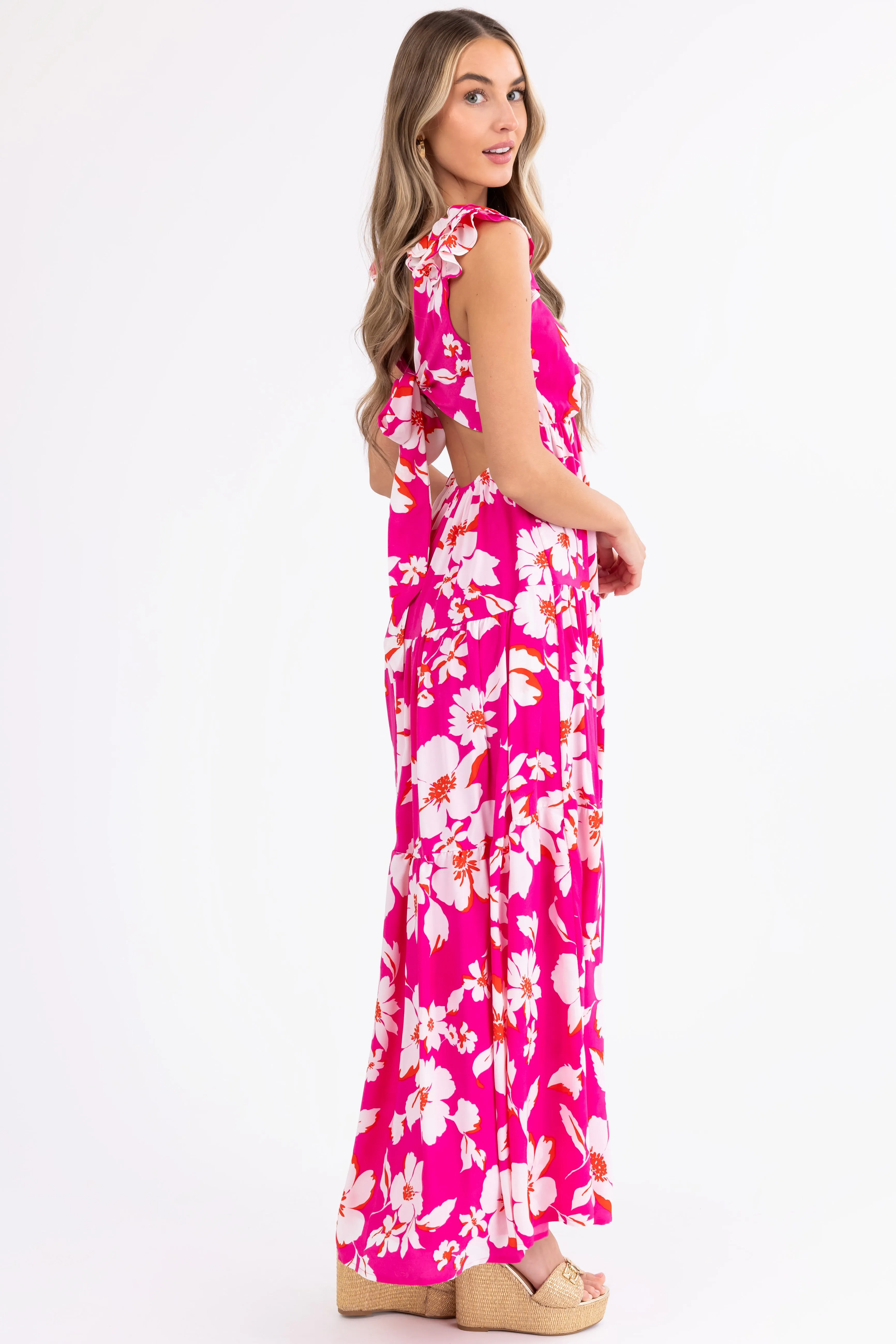 Magenta Floral Print Open Back Maxi Dress