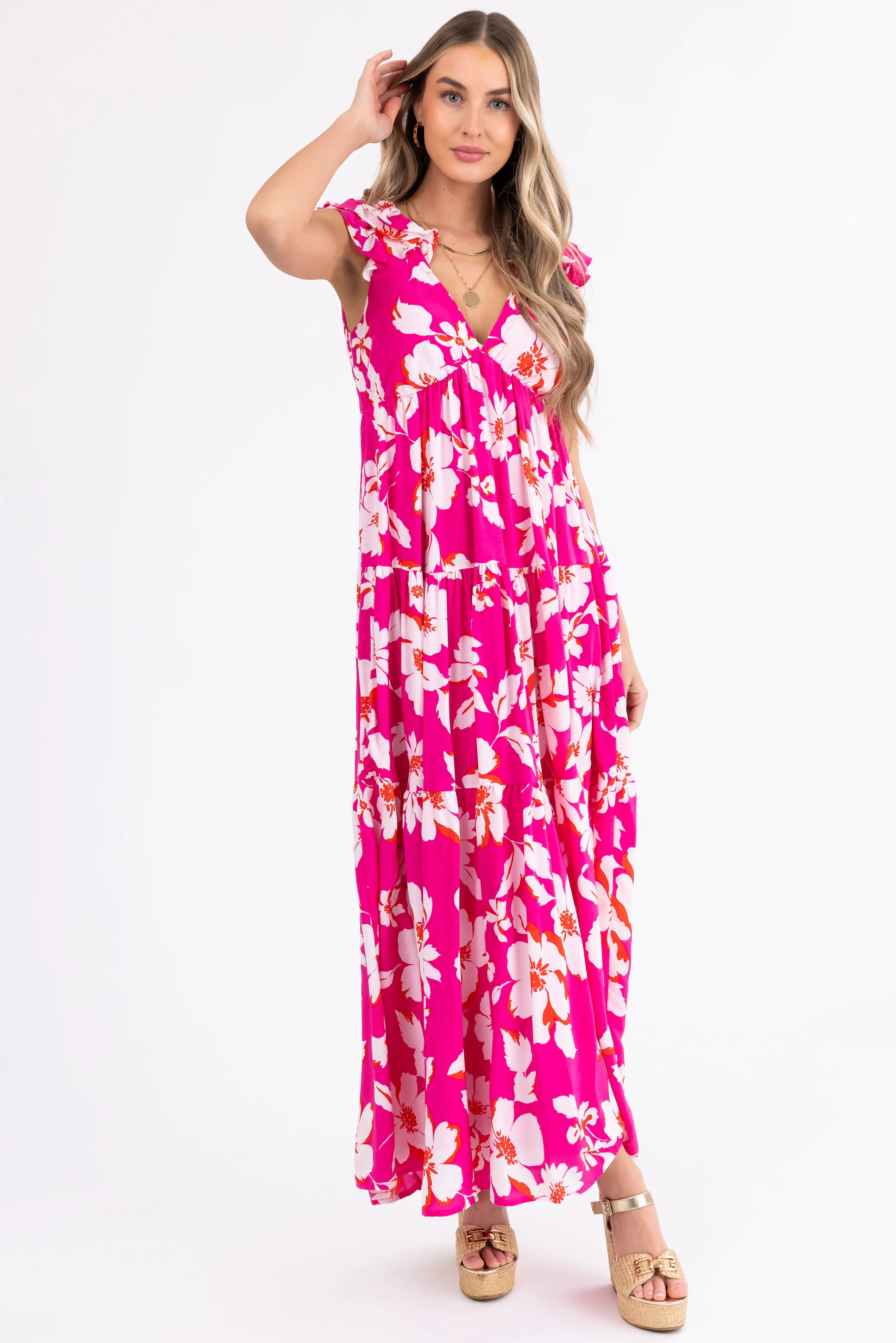 Magenta Floral Print Open Back Maxi Dress
