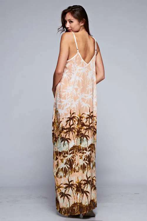 Palm Tree Sleeveless V-Neck Maxi Dress