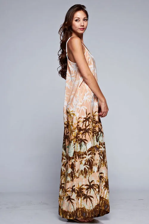 Palm Tree Sleeveless V-Neck Maxi Dress