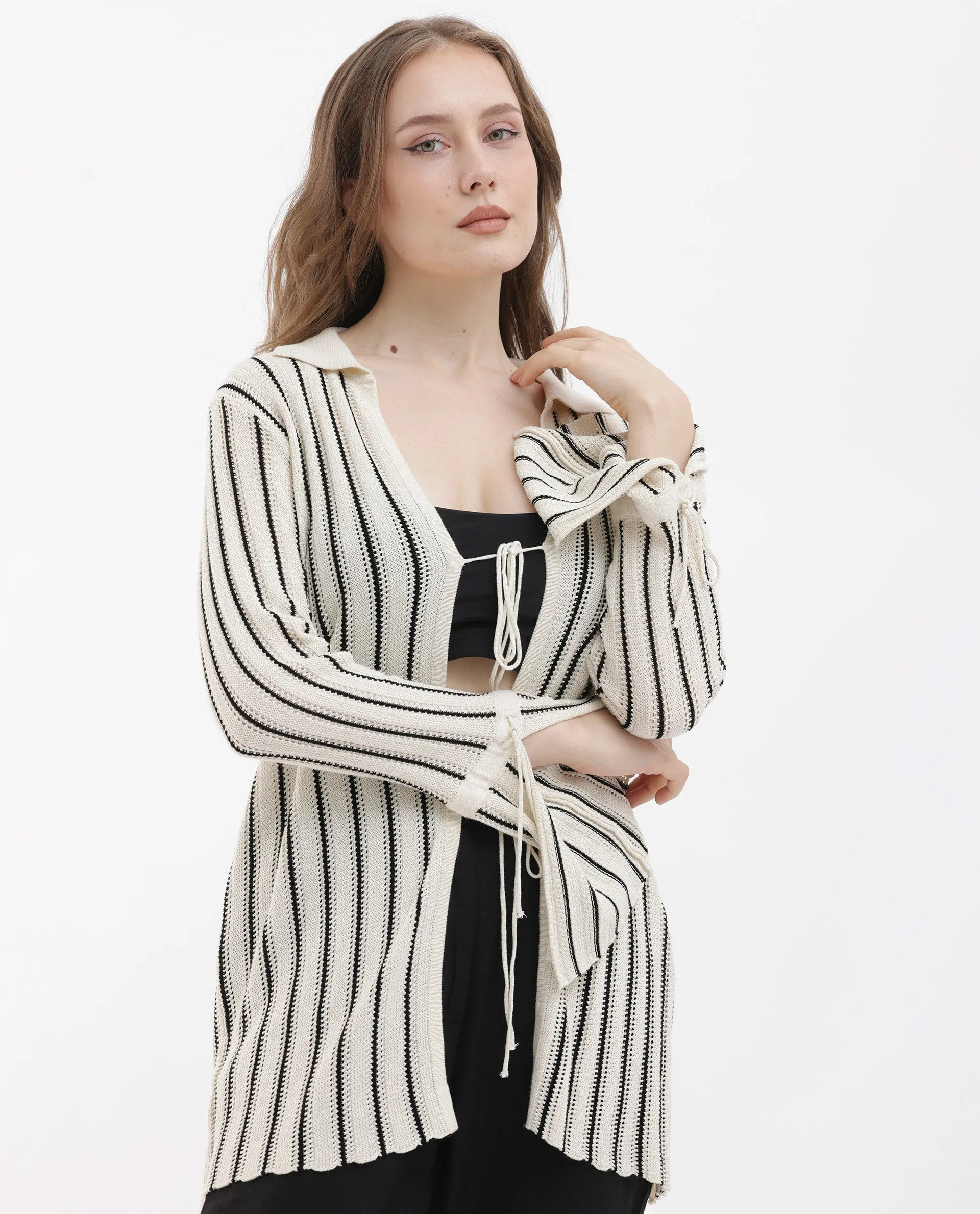 Rareism Women Kentya White Viscose Fabric Full Sleeves Tie-Up Closure Johnny Collar Regular Fit Plain Shrug