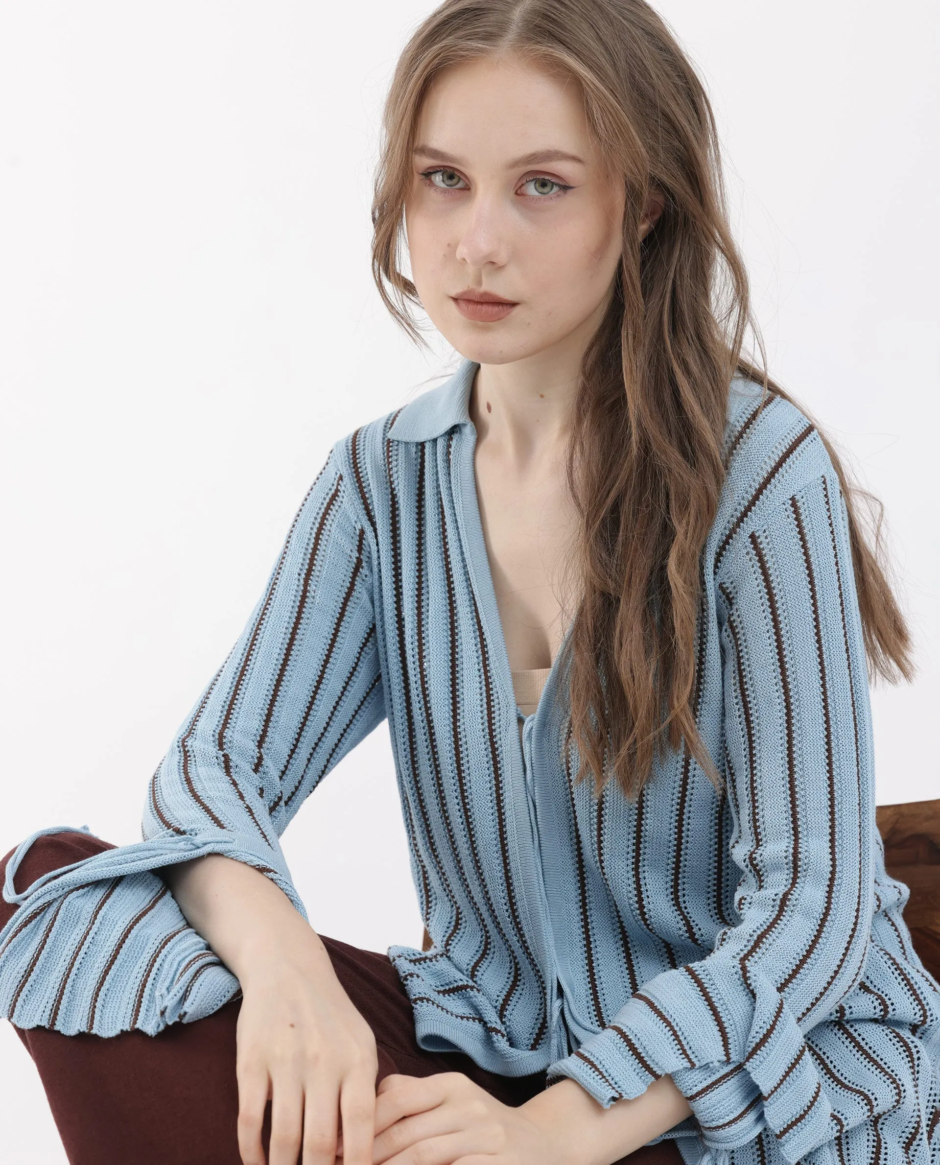 Rareism Womens Kentya Light Blue Shrug Collared Neck Solid