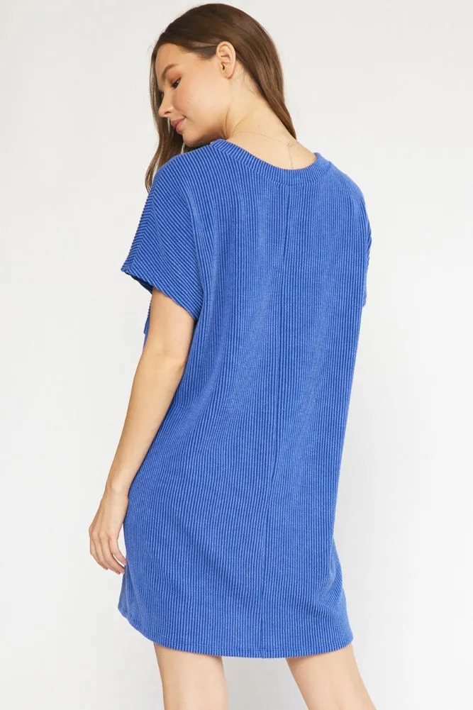 Ribbed Ropund Neck Dress in Indigo by Entro