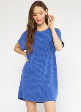 Ribbed Ropund Neck Dress in Indigo by Entro