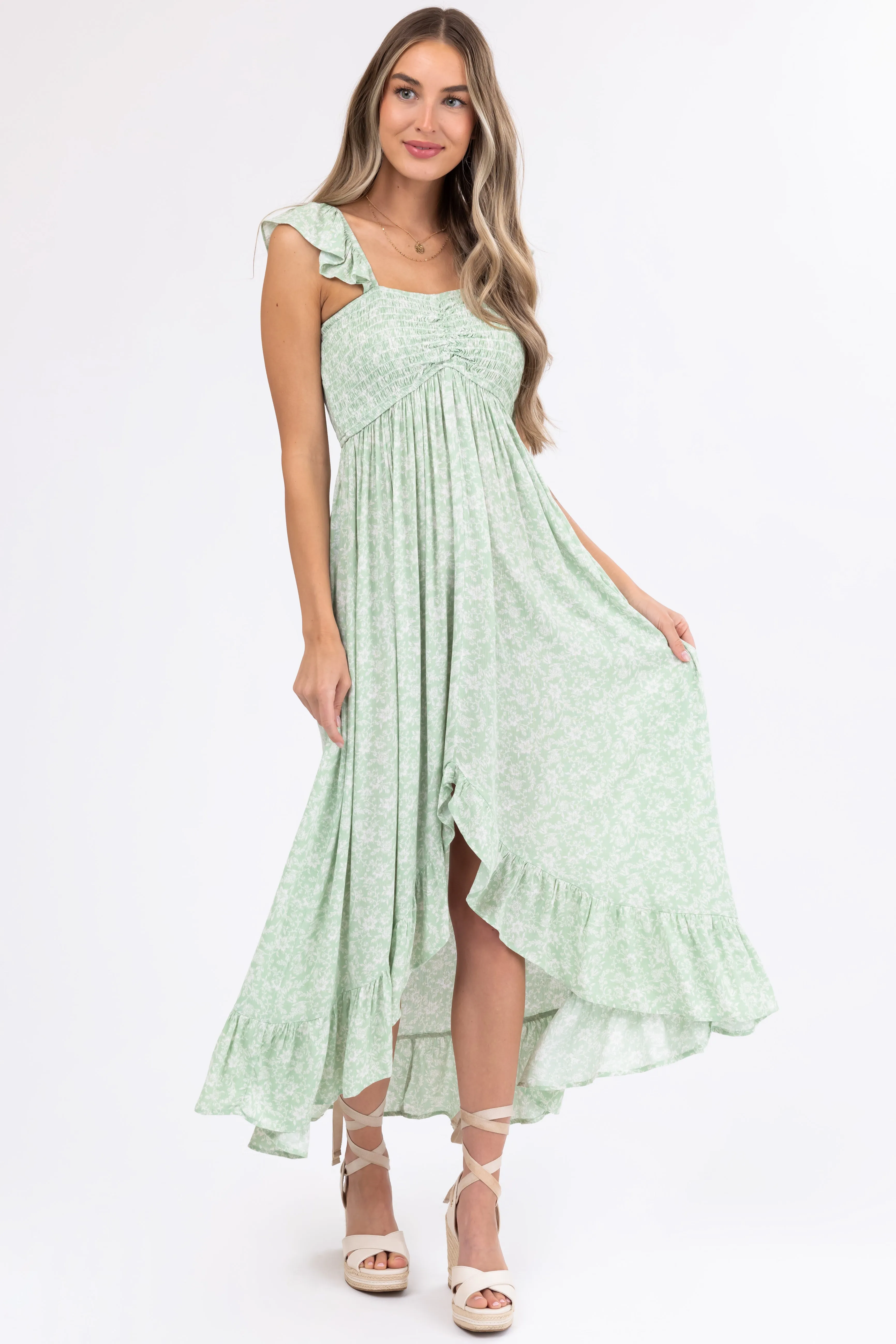 Sage Floral Print High Low Maxi Dress