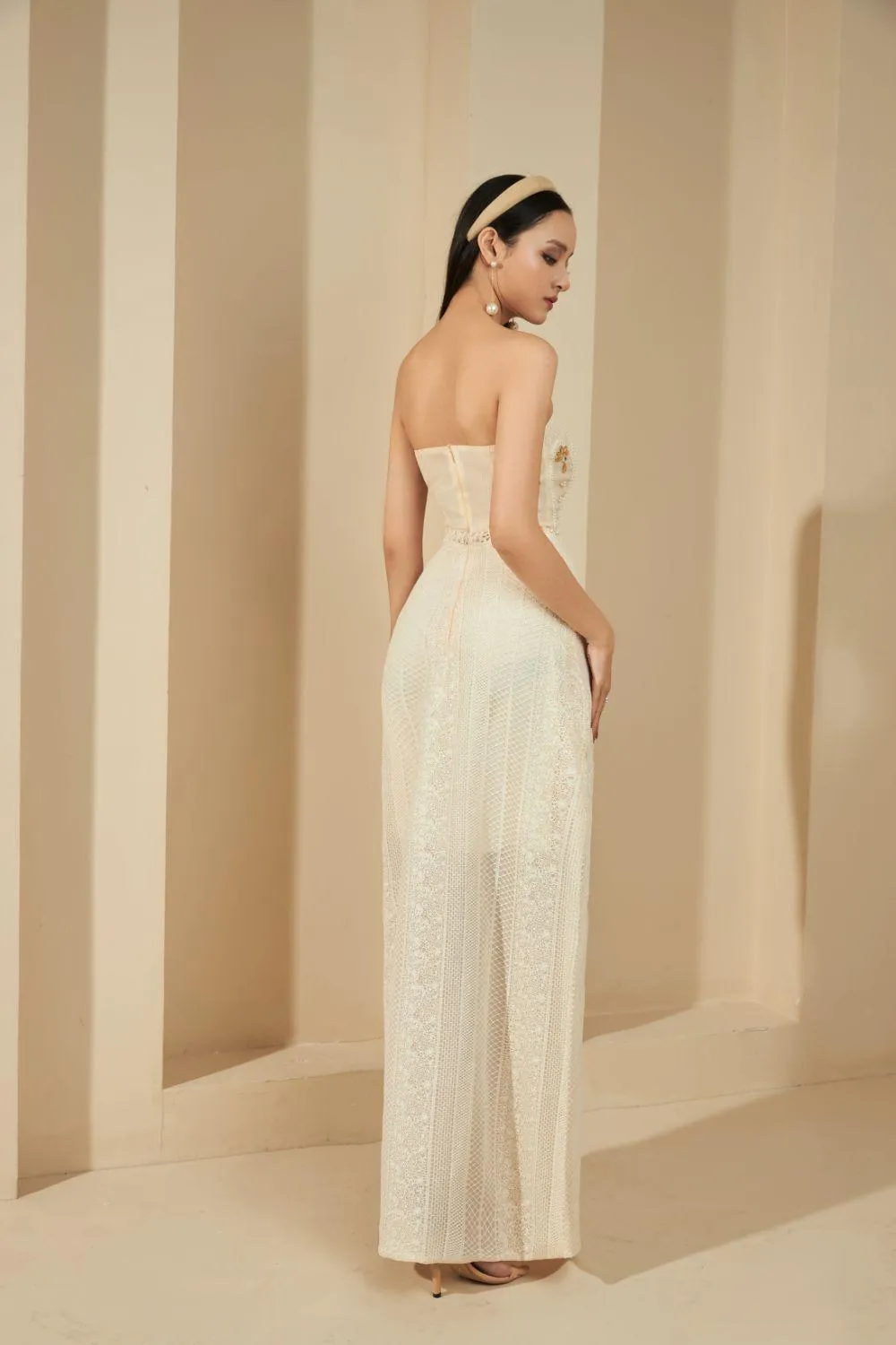 Sibbett Strapless See-Through Lace Maxi Dress