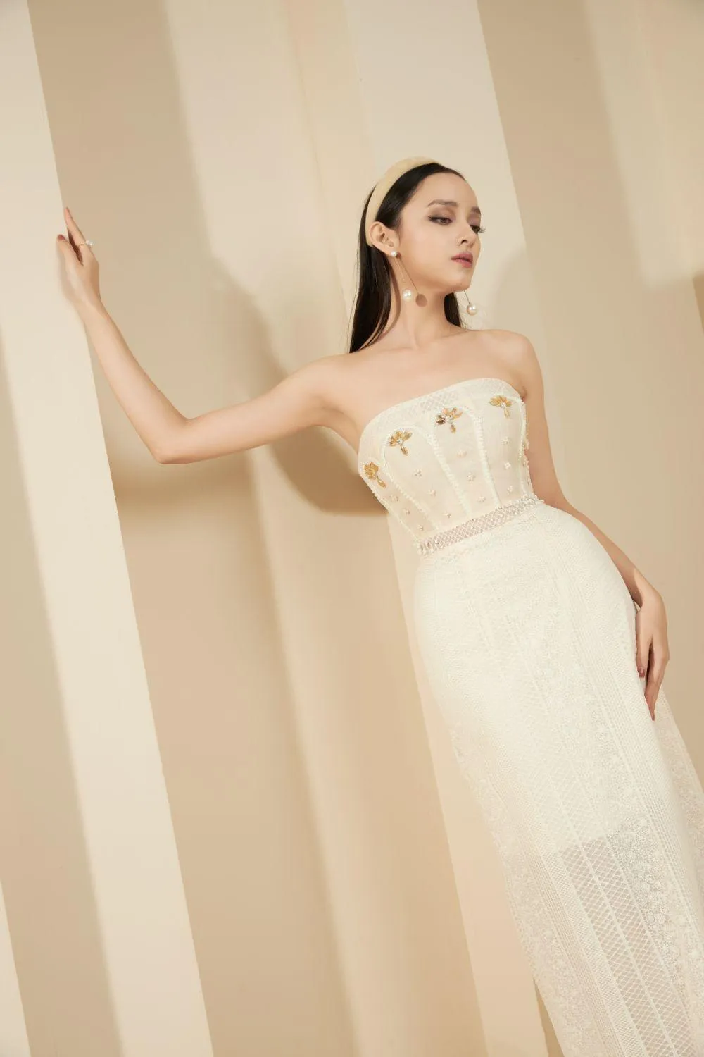 Sibbett Strapless See-Through Lace Maxi Dress