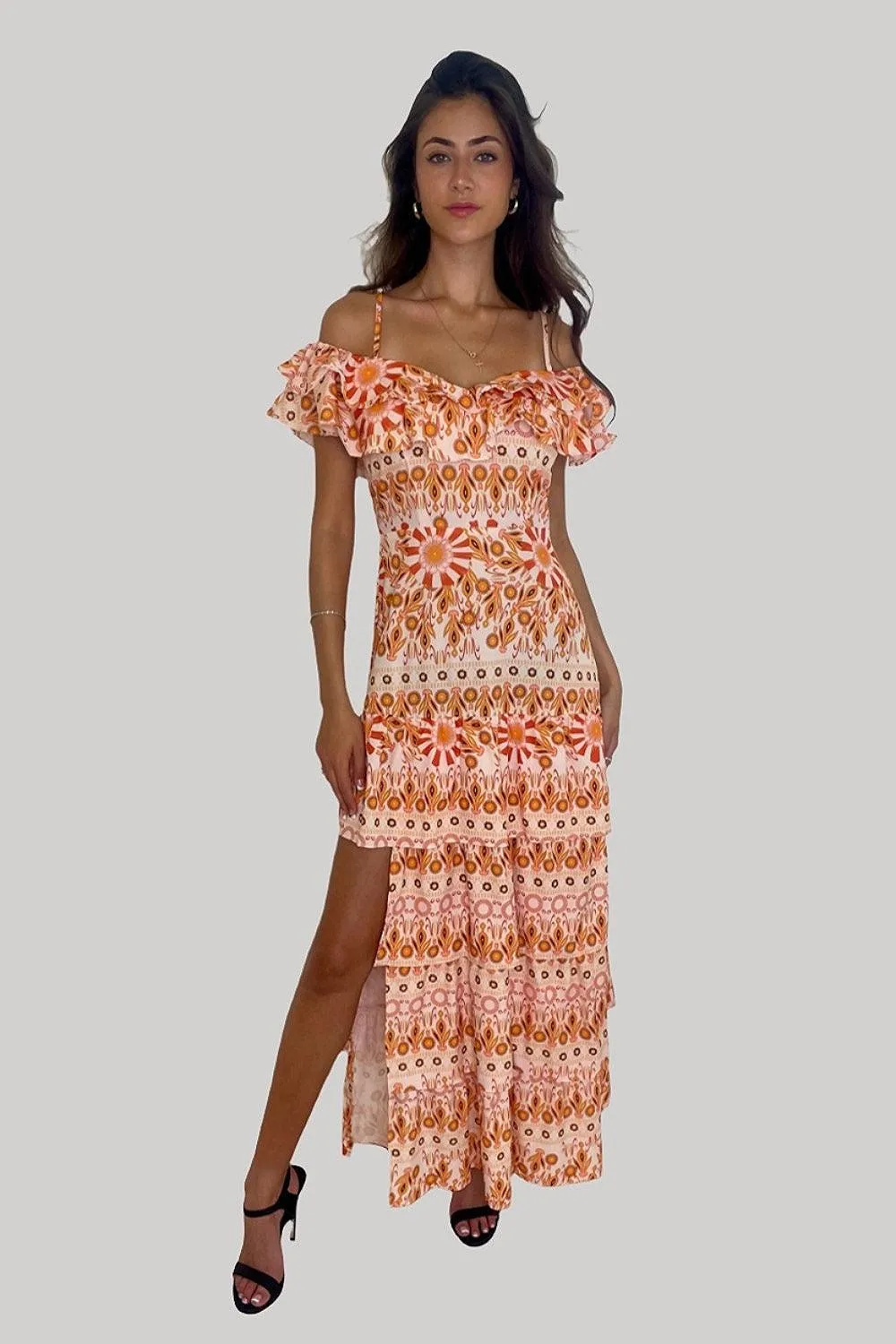 Side Slit Frill Off Shoulder Vibrant Print Spanish Maxi Dress