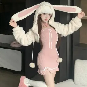 Sugar and Snow Bunnies      Dress with Optional Hoodie Sweater Top Set Kawaii Academia Y2K Cottagecore Coquette Fairycore Dollette Princesscore