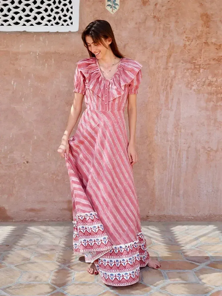 TAVIMART -  Fashion Stripe Print Ruffled Edge Button Maxi Dress Women V-neck Puff Short Sleeve Big Hem Dresses 2024 Female Party Club Robes