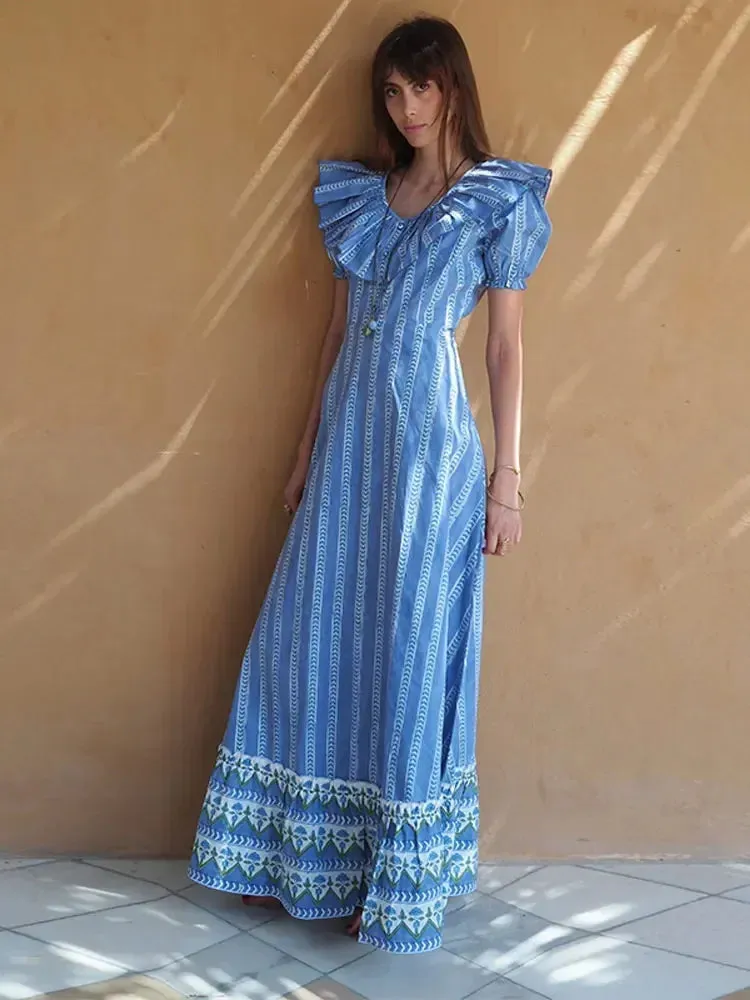 TAVIMART -  Fashion Stripe Print Ruffled Edge Button Maxi Dress Women V-neck Puff Short Sleeve Big Hem Dresses 2024 Female Party Club Robes