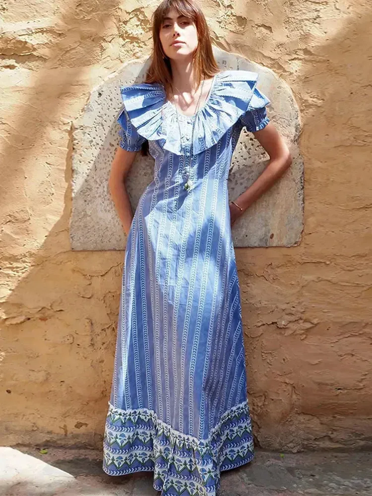 TAVIMART -  Fashion Stripe Print Ruffled Edge Button Maxi Dress Women V-neck Puff Short Sleeve Big Hem Dresses 2024 Female Party Club Robes