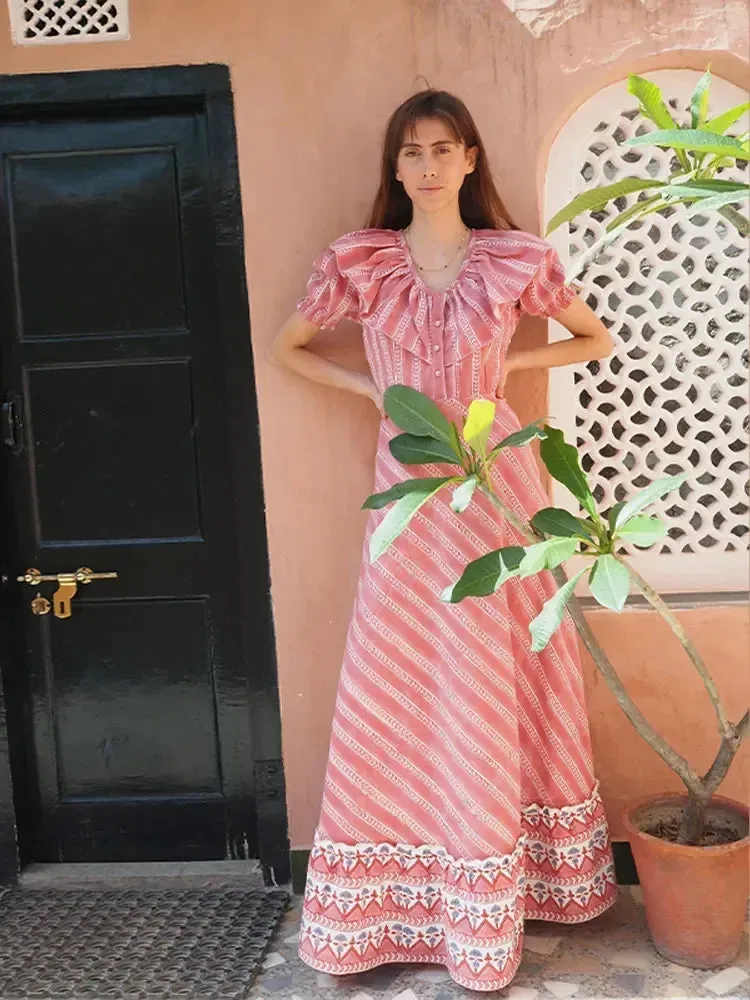 TAVIMART -  Fashion Stripe Print Ruffled Edge Button Maxi Dress Women V-neck Puff Short Sleeve Big Hem Dresses 2024 Female Party Club Robes