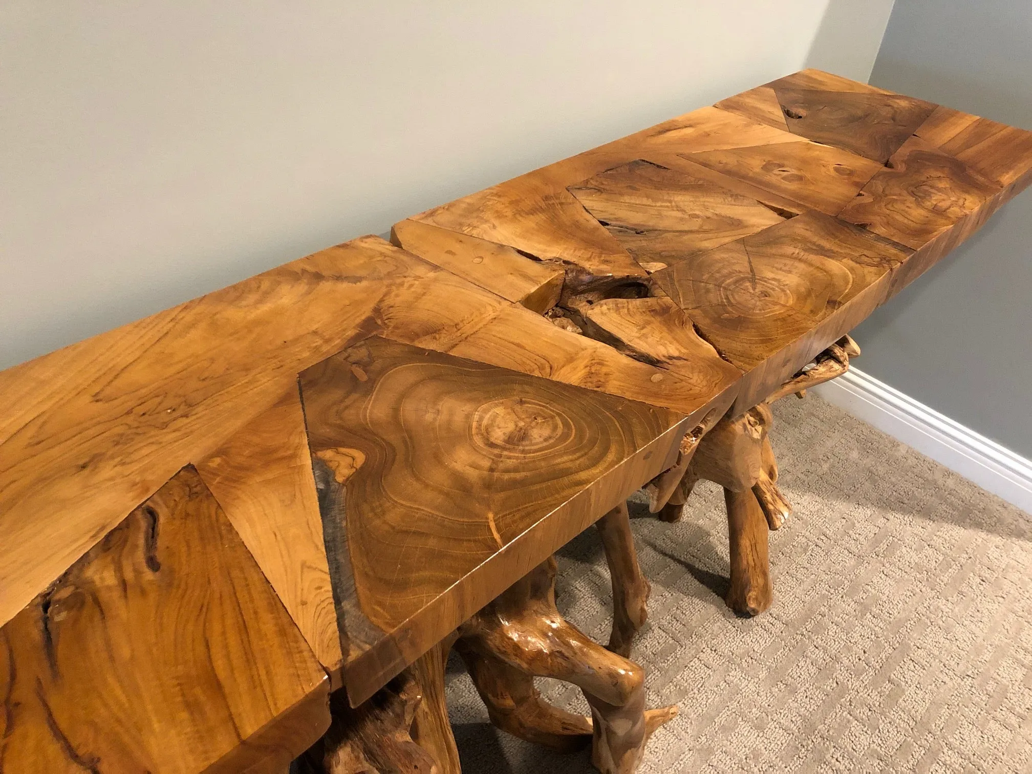Teak Wood Root Console Table with Glass Top, 72 inches